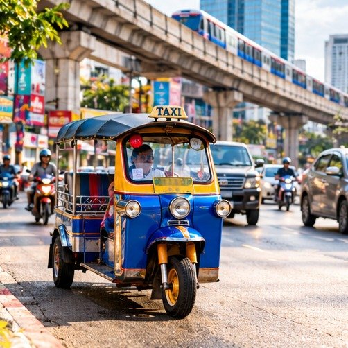 Illustrated Thai city traffic with a tuk-tuk and elevated rail line