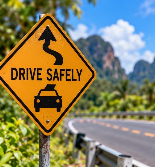 Original illustration of a winding-road warning sign in a tropical landscape