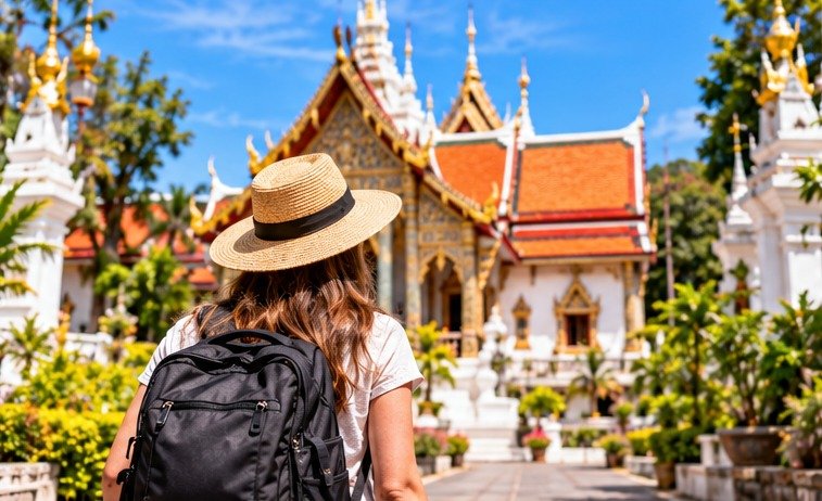 Illustrated traveller approaching a Thai-inspired temple on foot