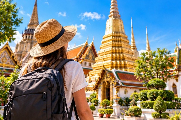 Illustrated first-time traveller looking towards Thai-inspired temple rooftops