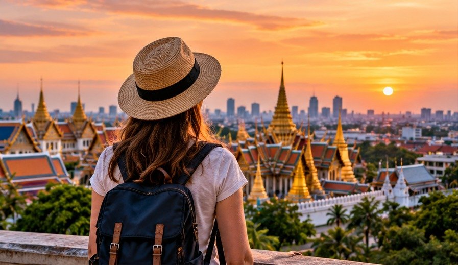 Original illustration of a traveller planning a Thai city visit