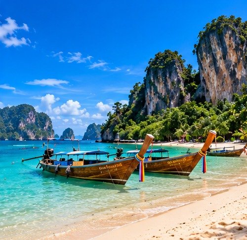 Conceptual tropical Thai beach and longtail boats