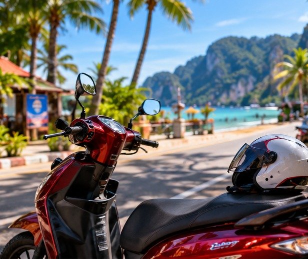 Illustrated parked scooter with a helmet beside a Thai-inspired coastal street