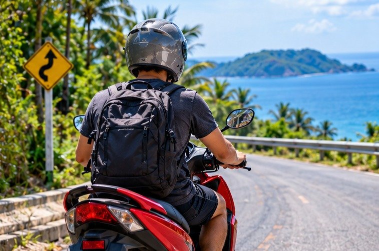 Illustrated helmeted scooter traveller beside a tropical coastal road