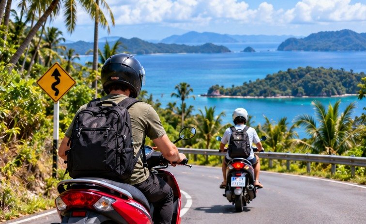 Original illustration of helmeted scooter riders on a coastal road