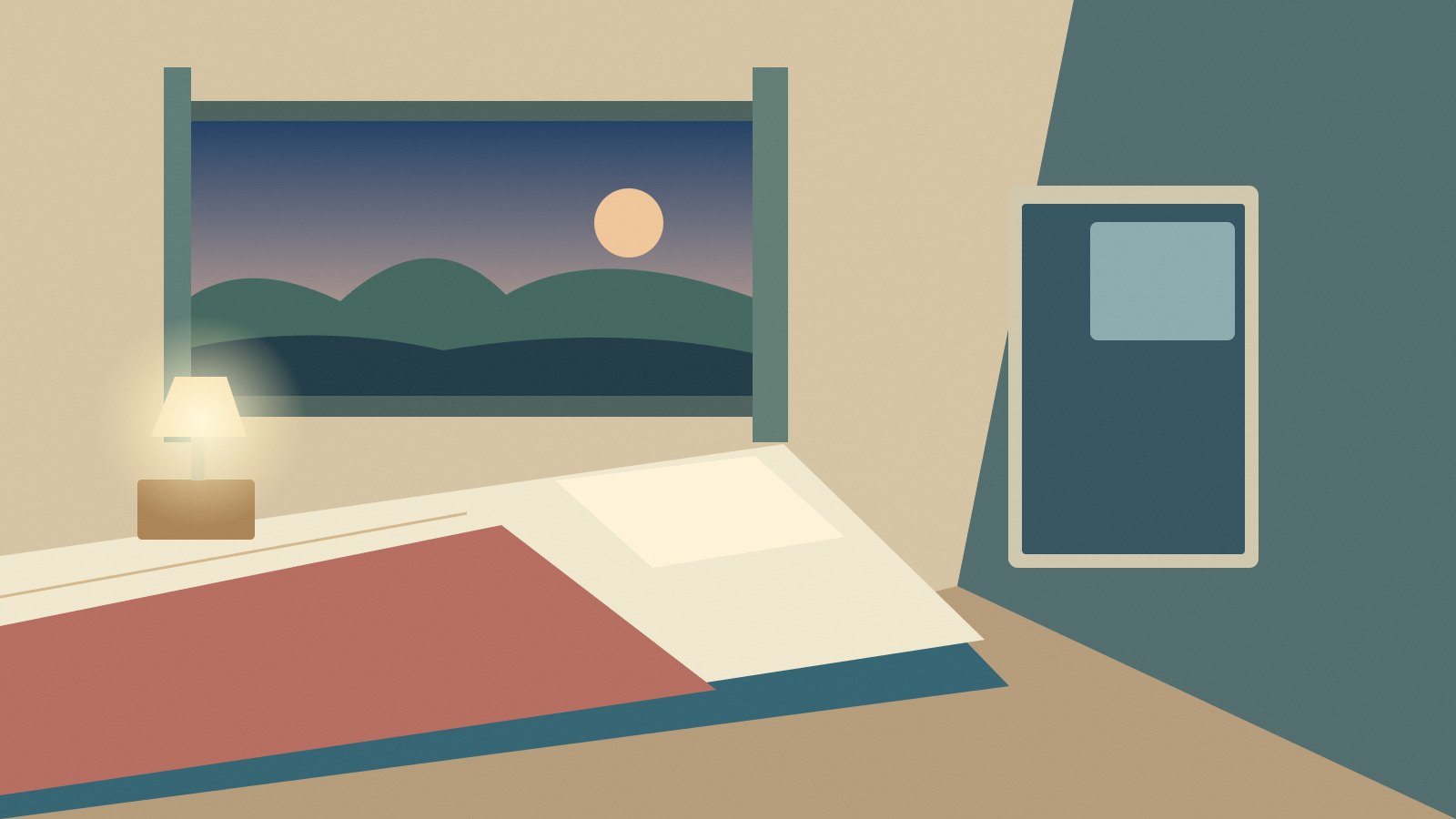 Original stylised private sleeping compartment with a berth and a dusk window view