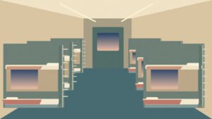 Original stylised illustration of an overnight train interior with upper and lower sleeping berths