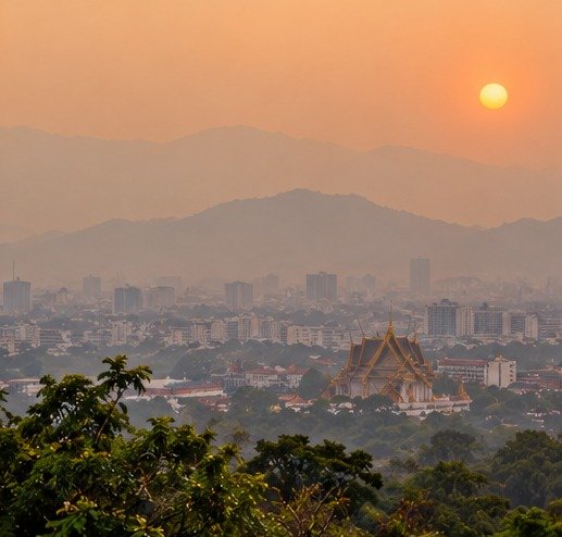 Conceptual city skyline and hills under a hazy sky