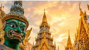Conceptual illustration of Thai temple architecture in warm evening light.