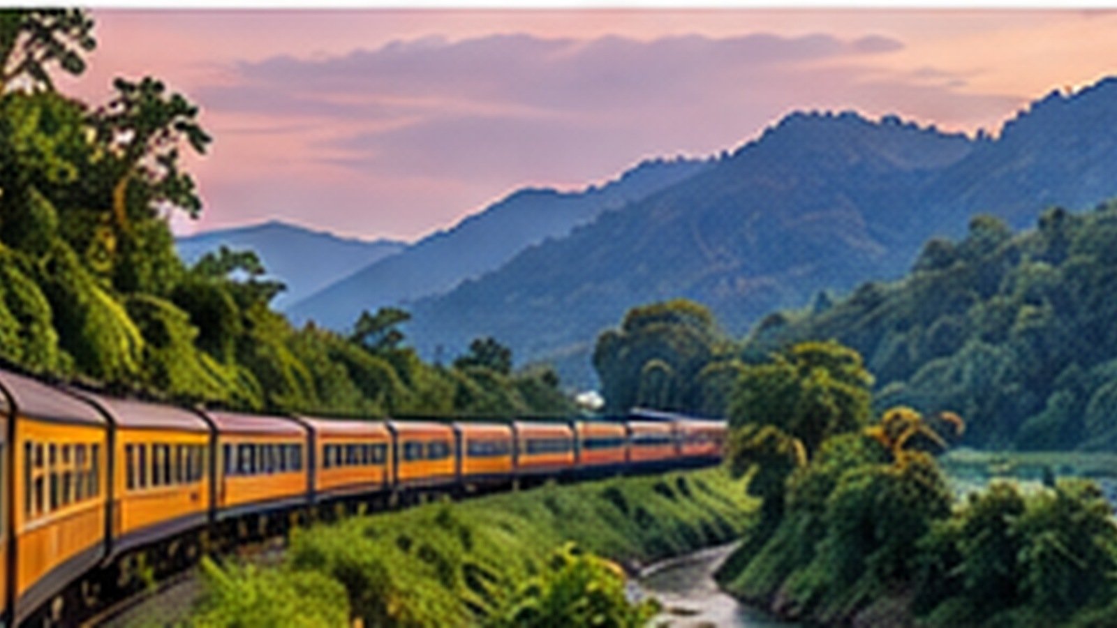 Conceptual illustration of a passenger train passing through green northern Thai hills.