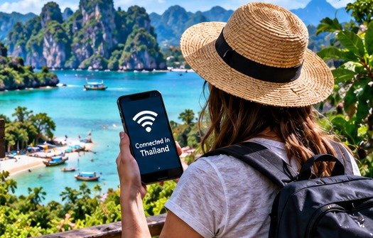Traveller using a phone beside a conceptual Thai coastal view