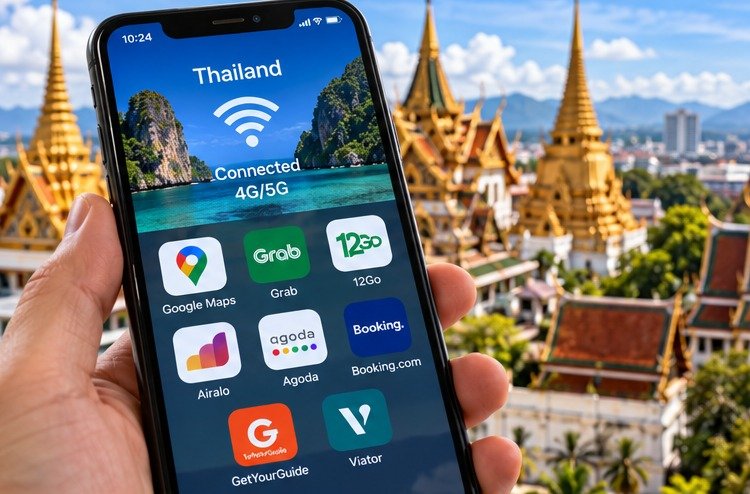 Illustrated mobile-data phone against a Thai-inspired temple backdrop