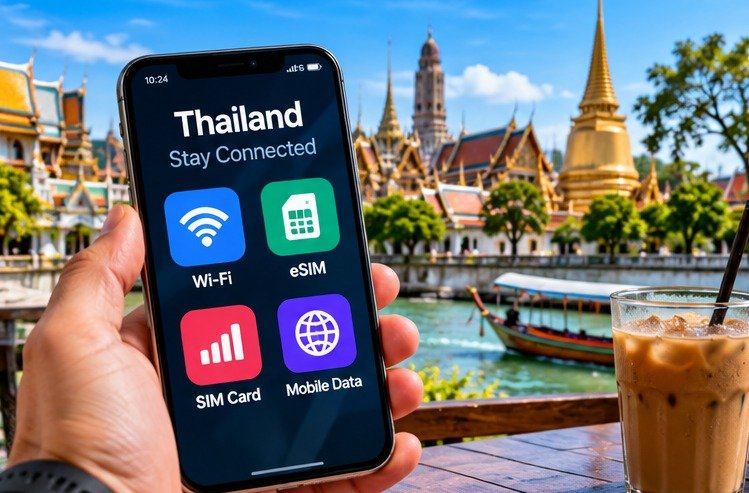 Conceptual eSIM and Wi-Fi phone screen beside a city view