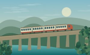Original illustration of a Thai-style passenger train travelling through green countryside beside low hills