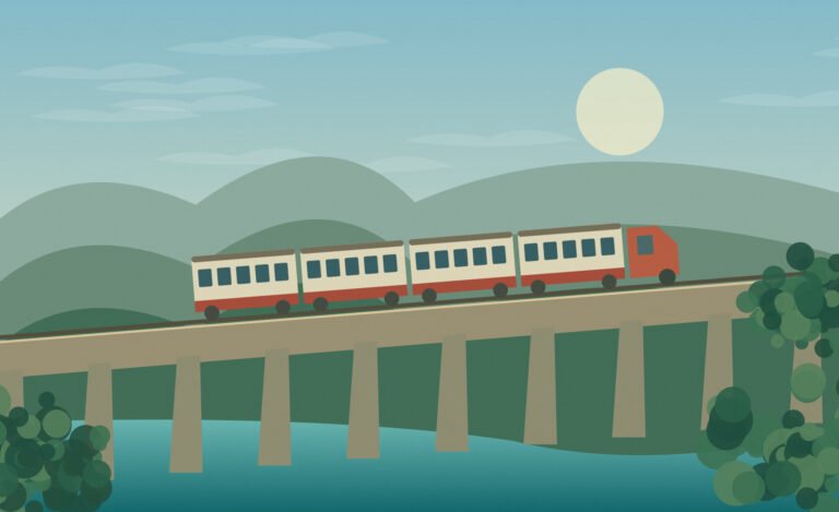 Original illustration of a Thai-style passenger train travelling through green countryside beside low hills