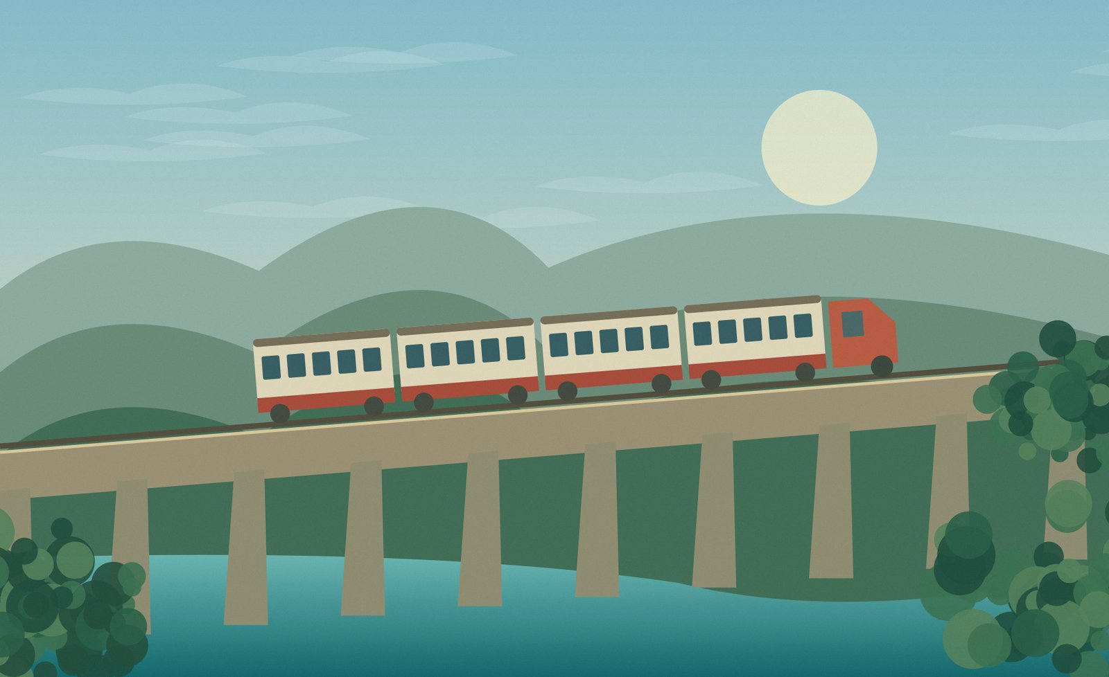 Original illustration of a Thai-style passenger train travelling through green countryside beside low hills