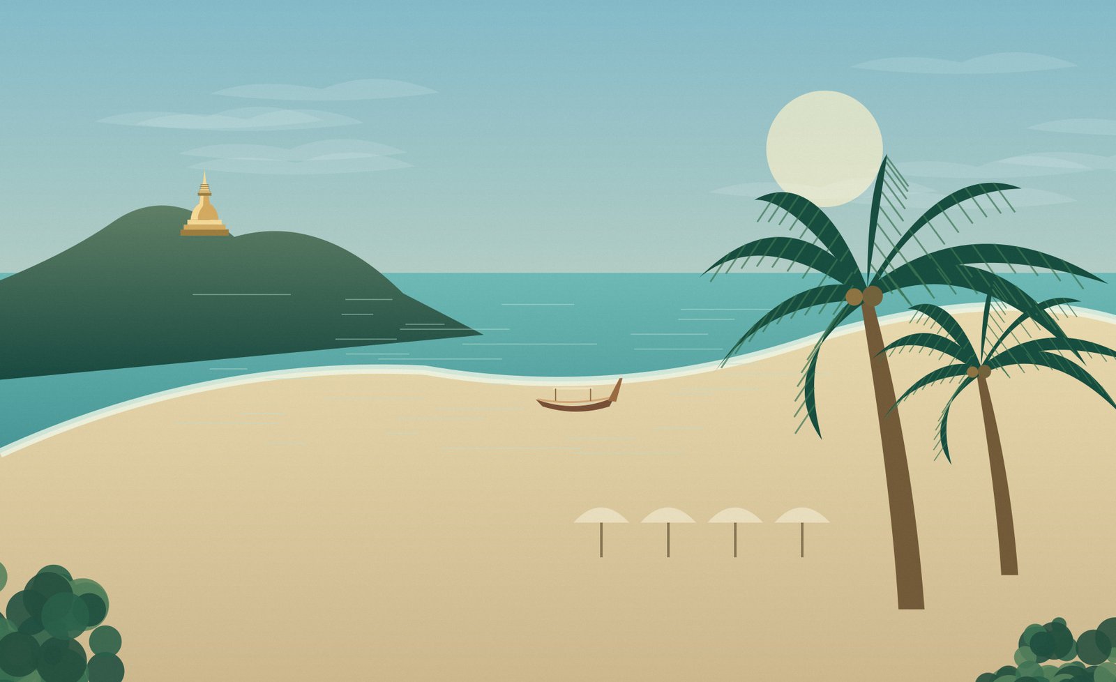 Original Hua Hin-inspired coastal illustration of a broad sandy shore and a low headland