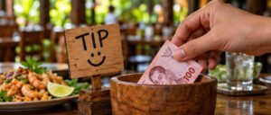 Concept illustration of an optional cash tip at a Thai meal