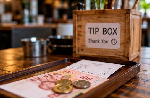 Concept illustration of a tip box beside a restaurant bill
