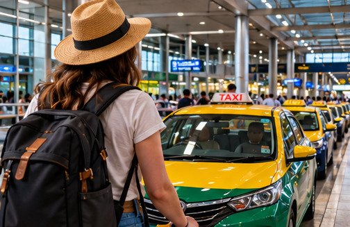 Concept illustration of a traveller beside an airport taxi