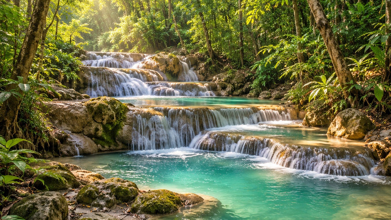 Original illustration of limestone waterfall pools and forest inspired by Erawan