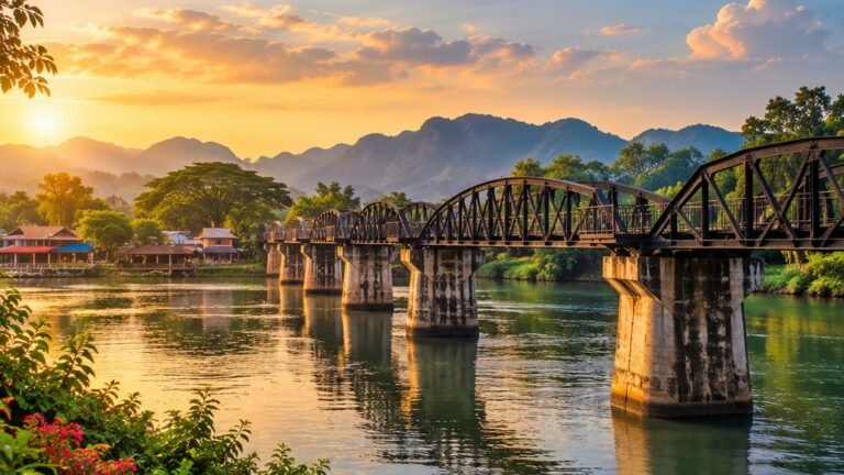 Original illustration inspired by the River Kwai bridge at morning light in Kanchanaburi
