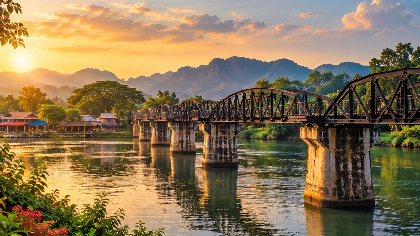 Original illustration inspired by the River Kwai bridge at morning light in Kanchanaburi