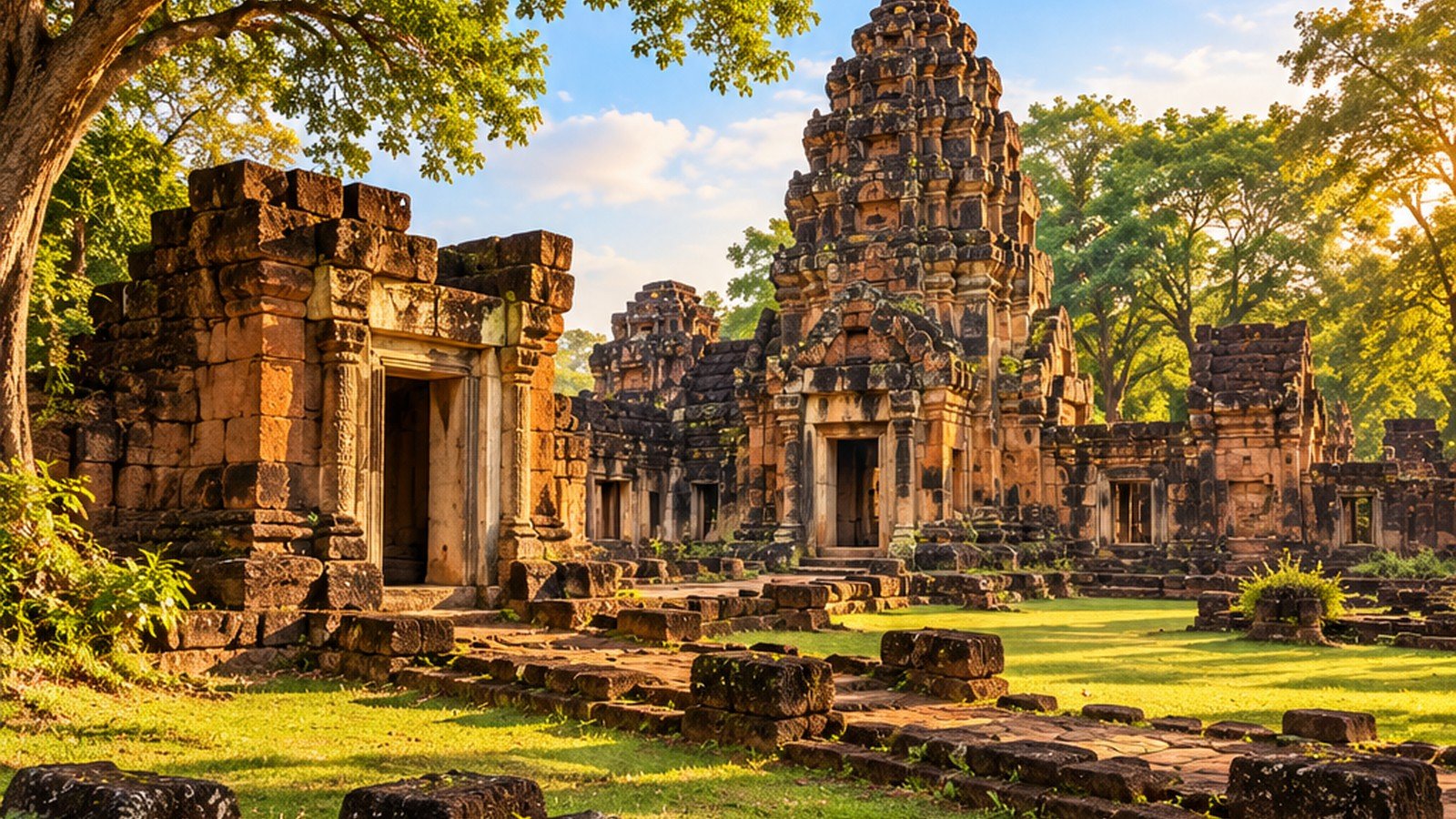 Original illustration inspired by the laterite religious architecture of Mueang Sing