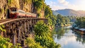 Original illustration of a passenger train on a cliffside timber trestle inspired by Tham Krasae