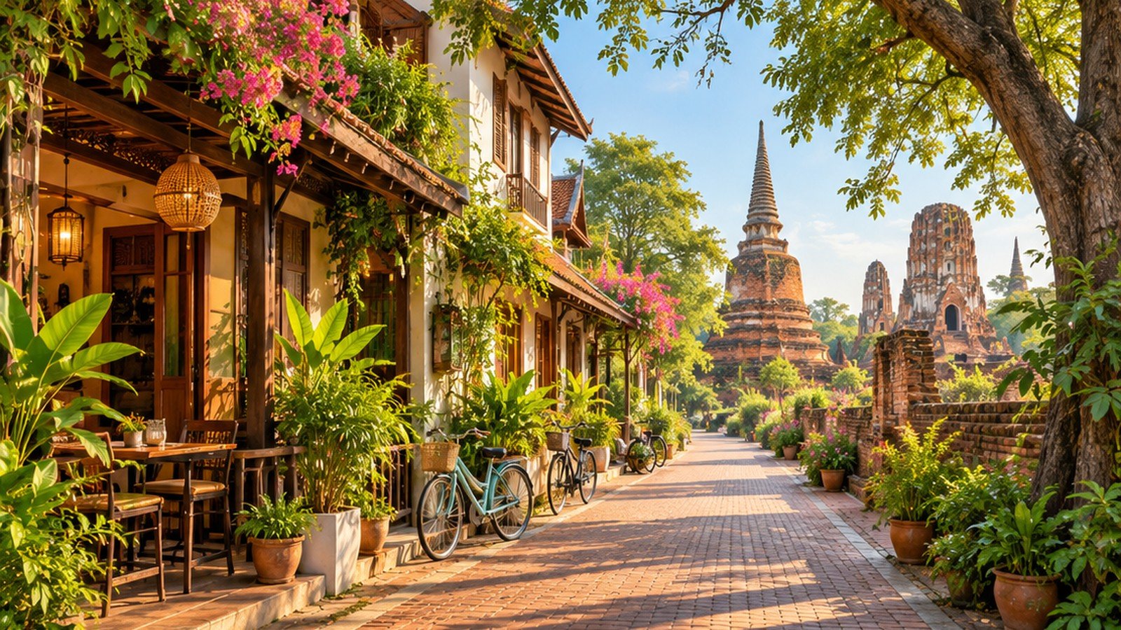 Original conceptual illustration of a shaded Ayutthaya heritage lane with small guesthouses and bicycles
