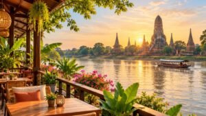 Original conceptual illustration of an Ayutthaya riverside terrace and distant temple forms