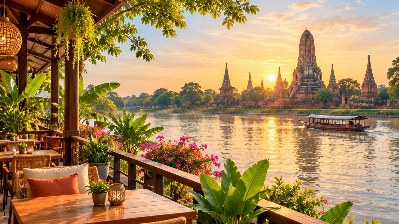 Original conceptual illustration of an Ayutthaya riverside terrace and distant temple forms