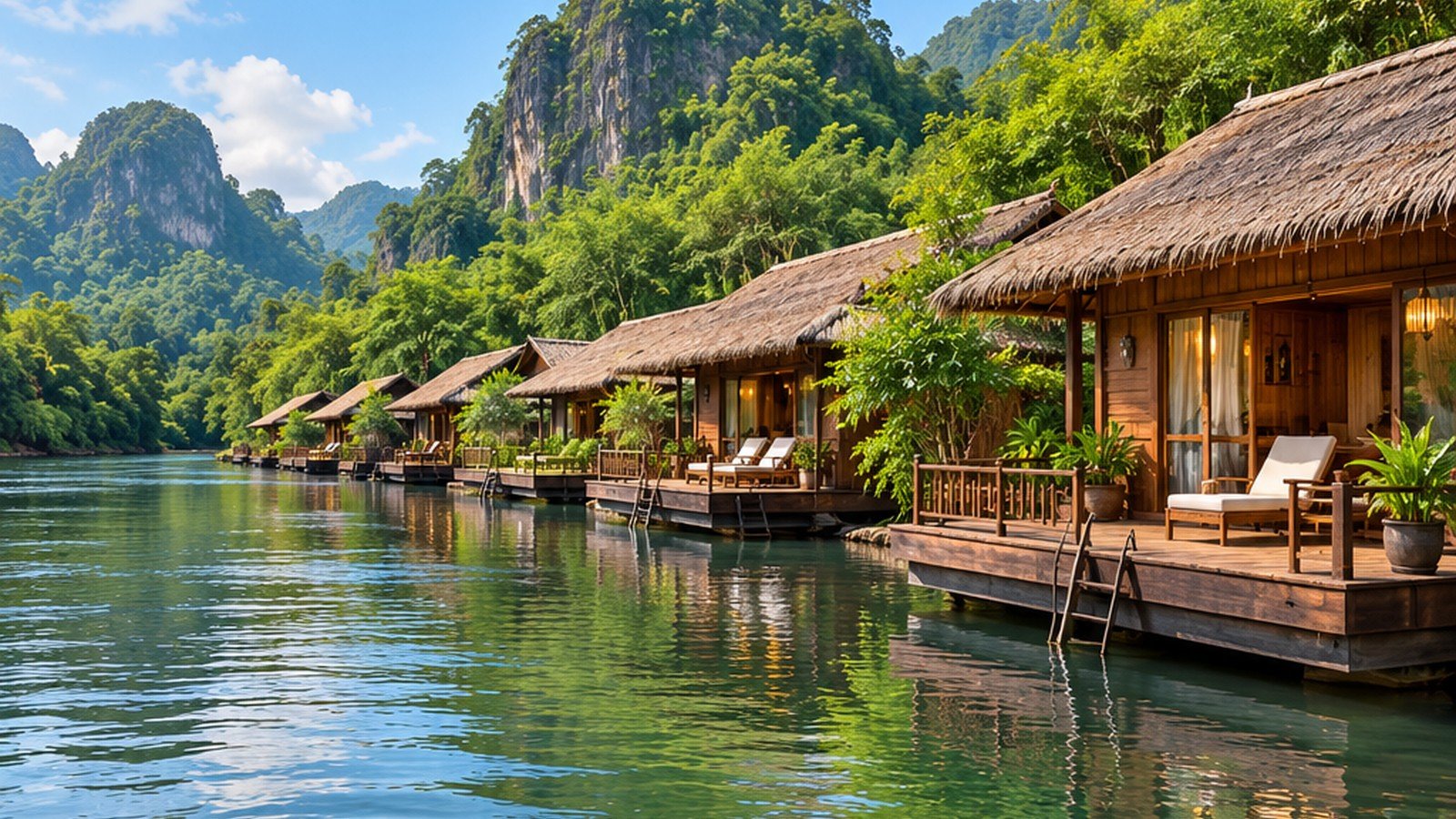 Original conceptual illustration of floating bungalows on a forested Khwae Noi river landscape