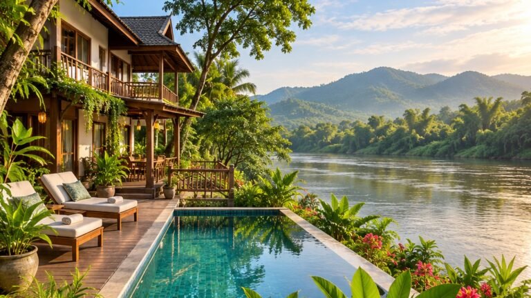 Original conceptual illustration of a quiet Kanchanaburi riverside garden hotel with a pool