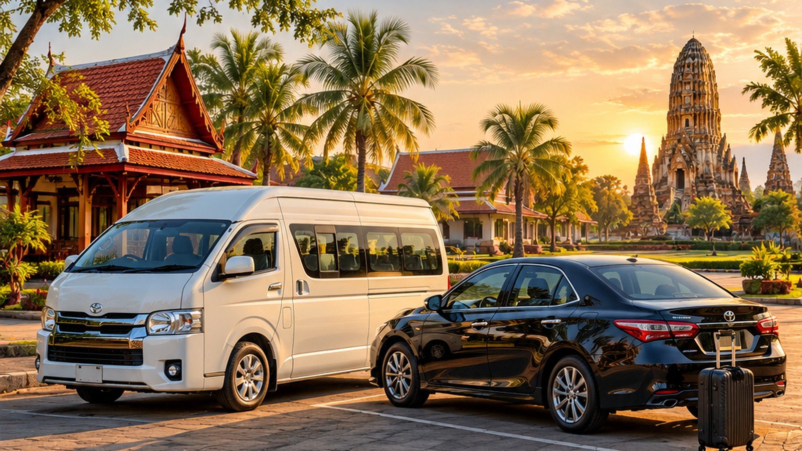 Original illustrative montage of a shared van and private car with Ayutthaya-inspired architecture