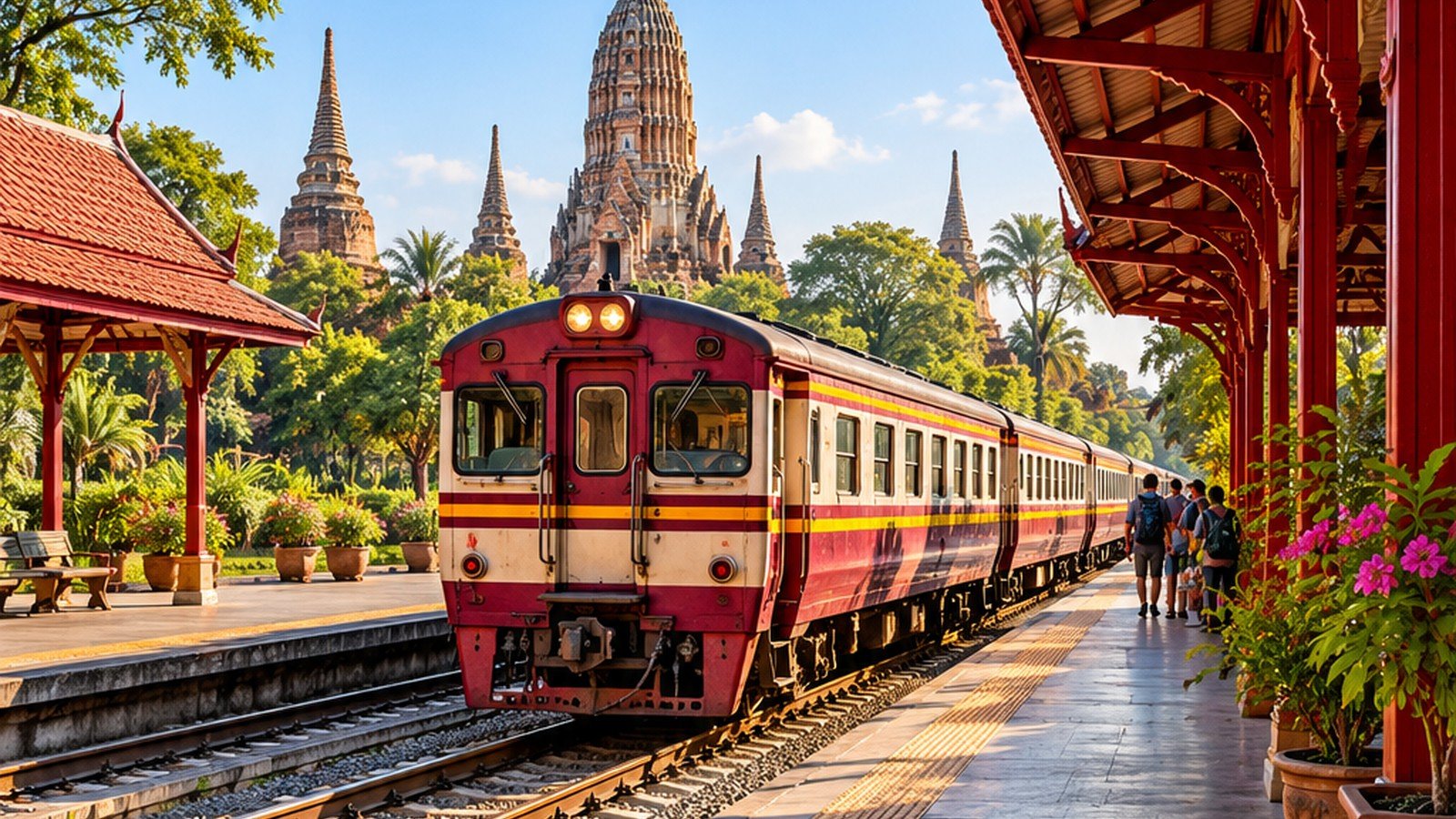 Original illustrative montage of a Thai passenger train and Ayutthaya-inspired temple forms