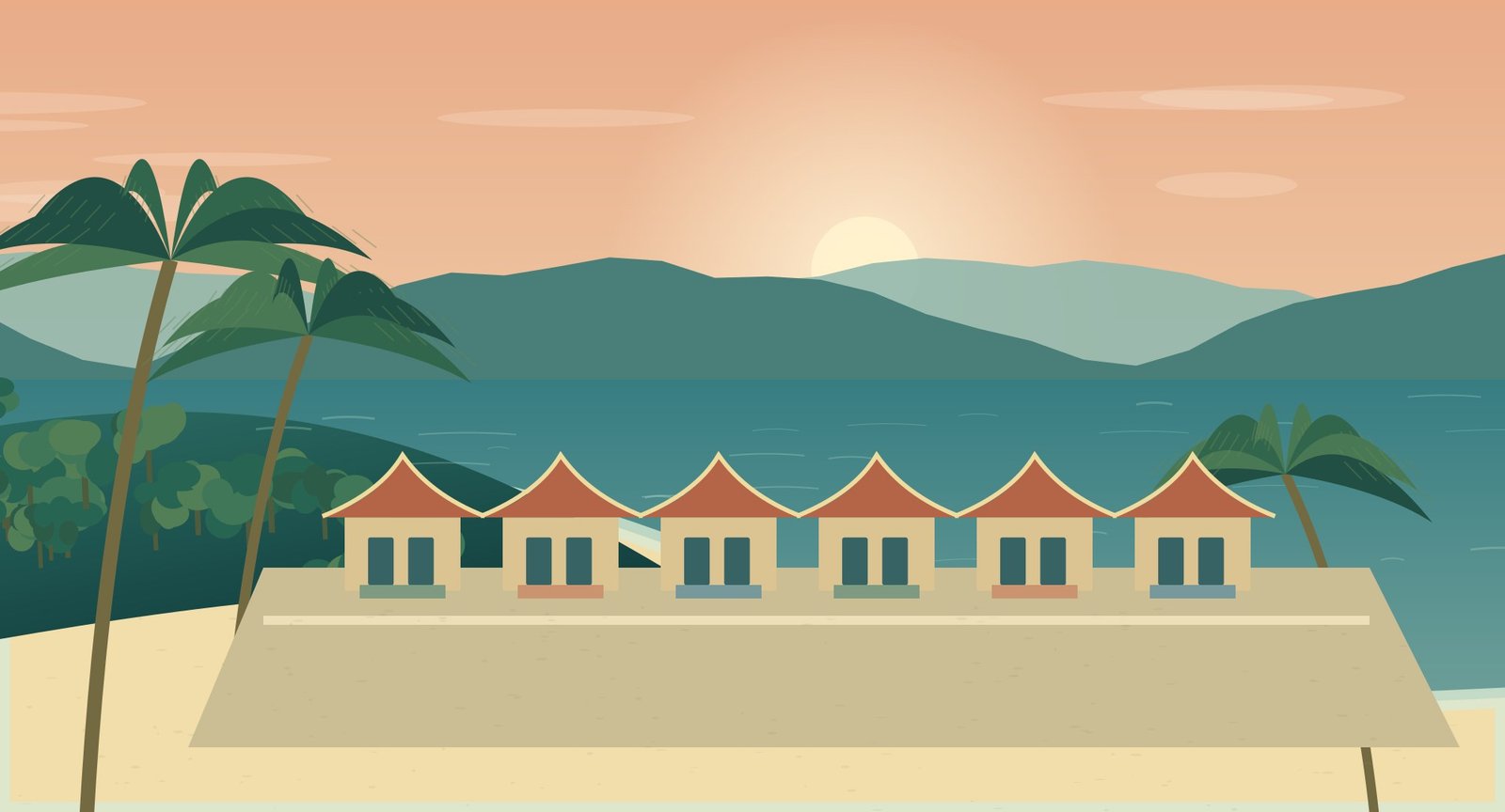 Illustrated north-coast waterfront with low buildings and warm evening light