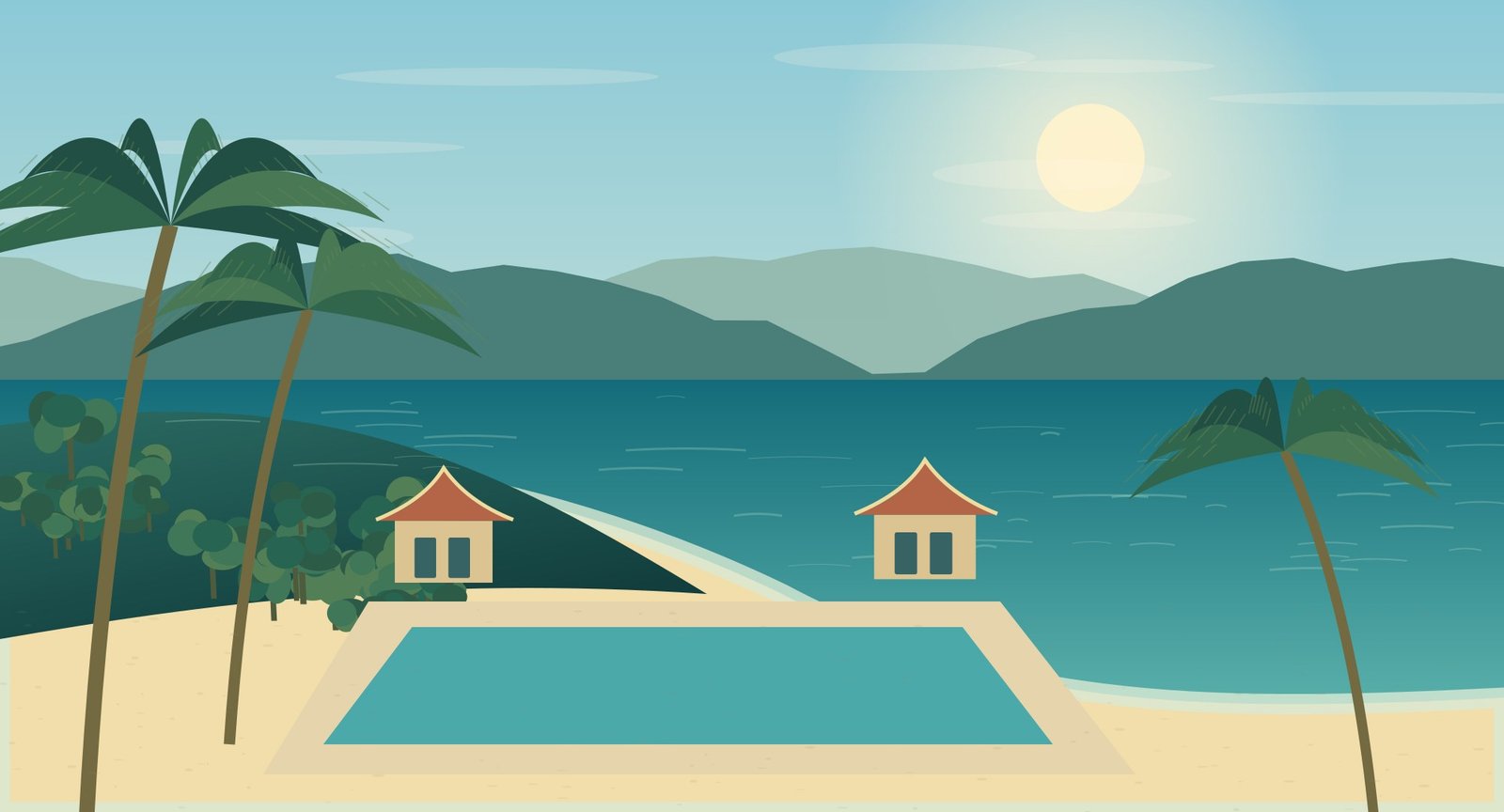 Illustrated tropical courtyard and pool surrounded by palms