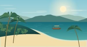 Illustrated palm-lined Samui coast with calm-looking water and green hills