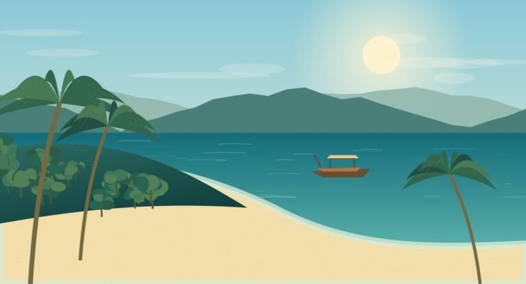 Illustrated palm-lined Samui coast with calm-looking water and green hills