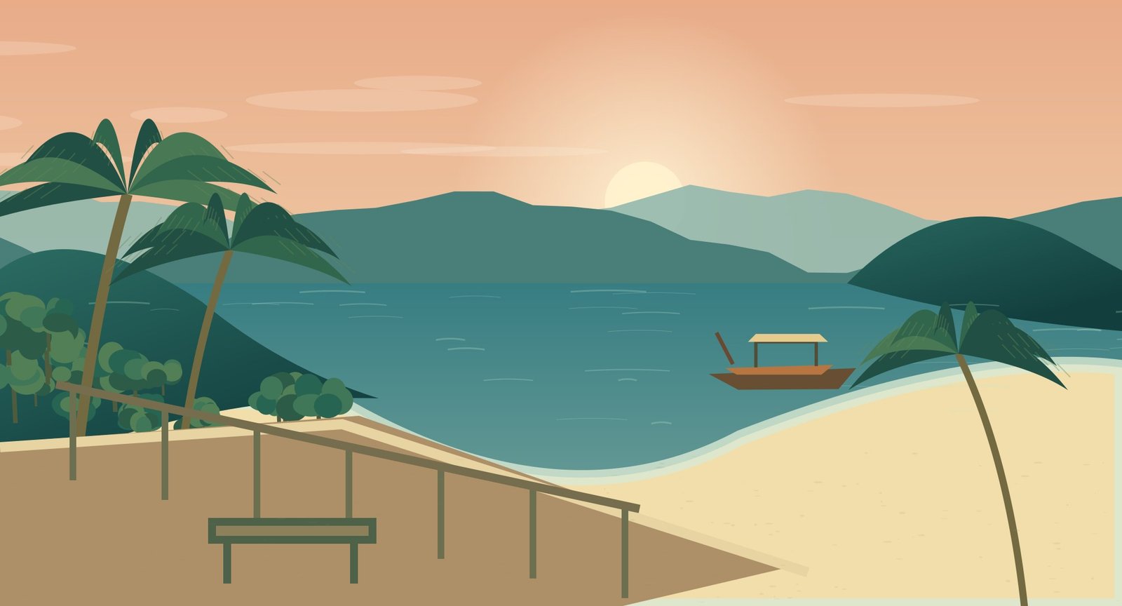 Illustrated west-facing island coast at sunset with palms and elevated terraces