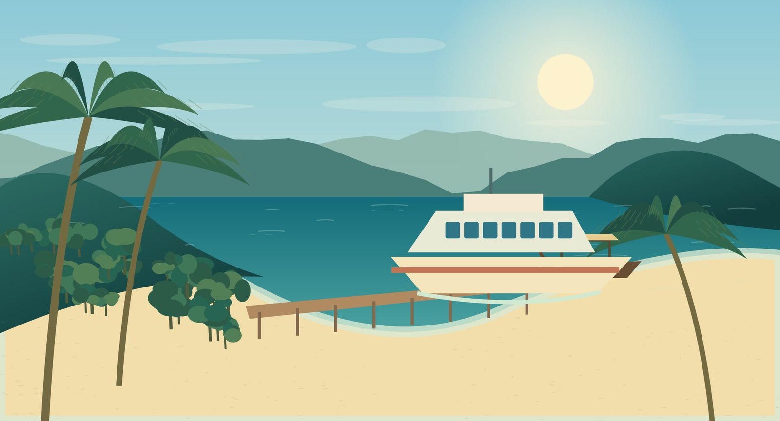 Illustrated island pier with a passenger boat and green hills