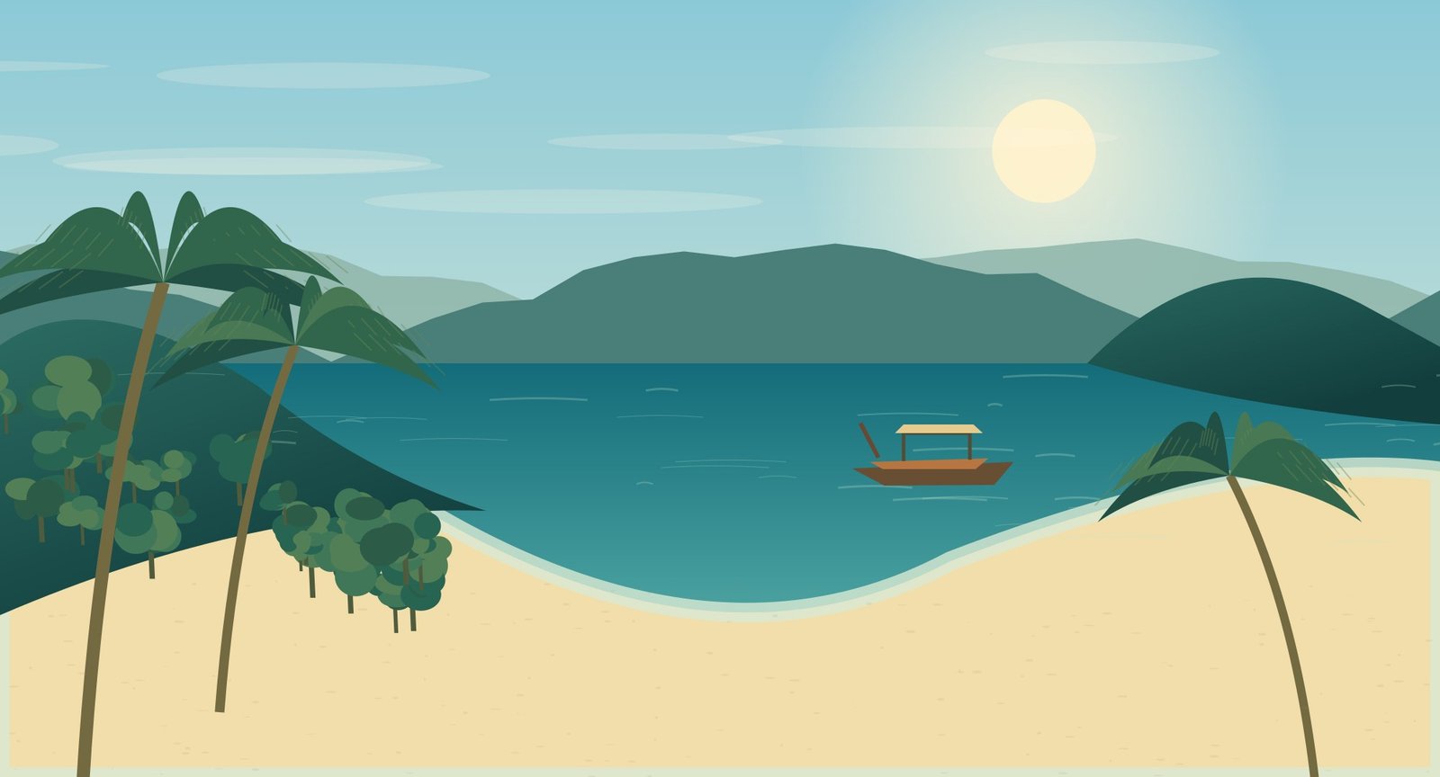 Illustrated tropical Phangan bay framed by forested headlands