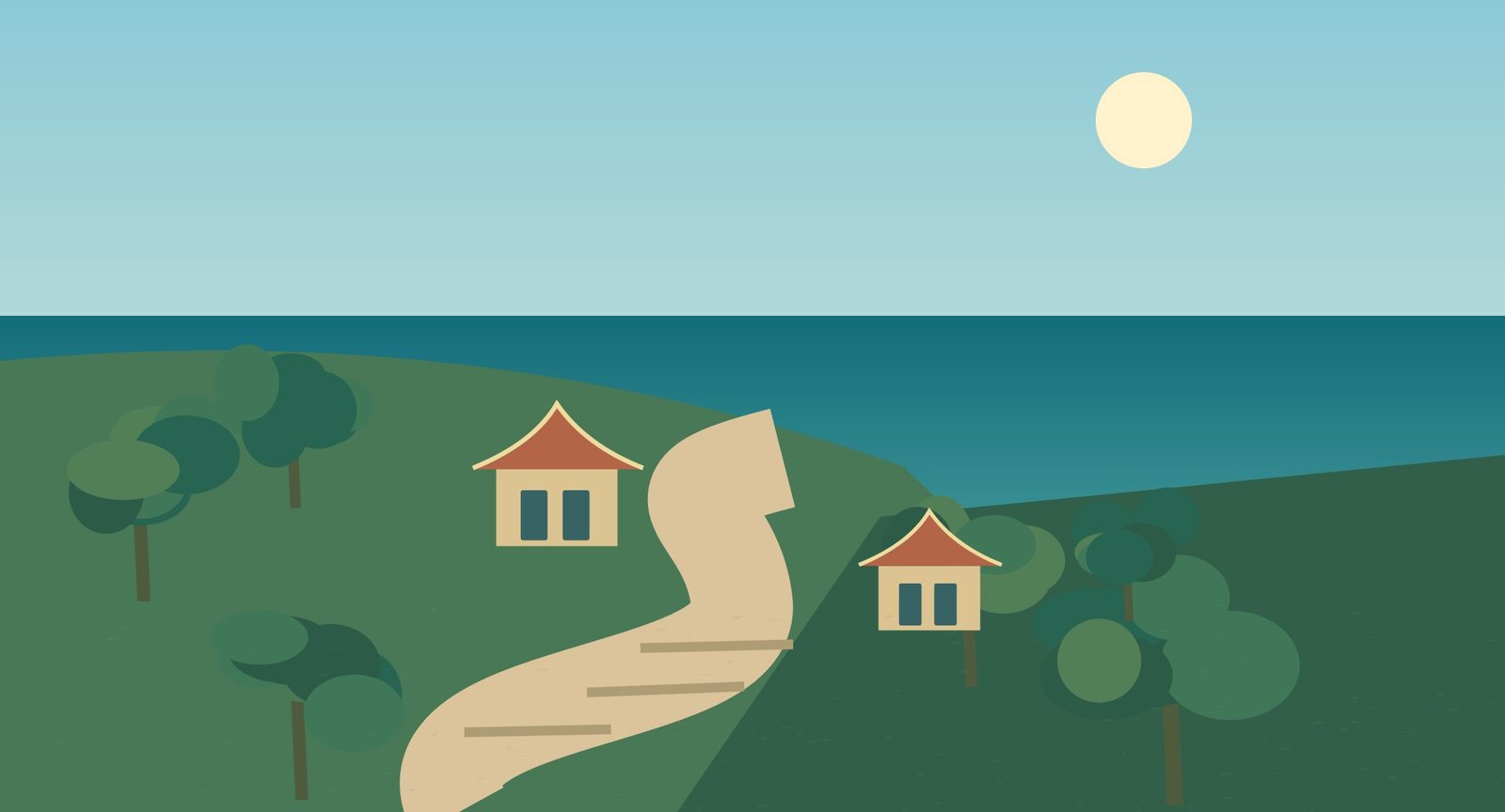 Illustrated steep tropical footpath between trees and small island buildings