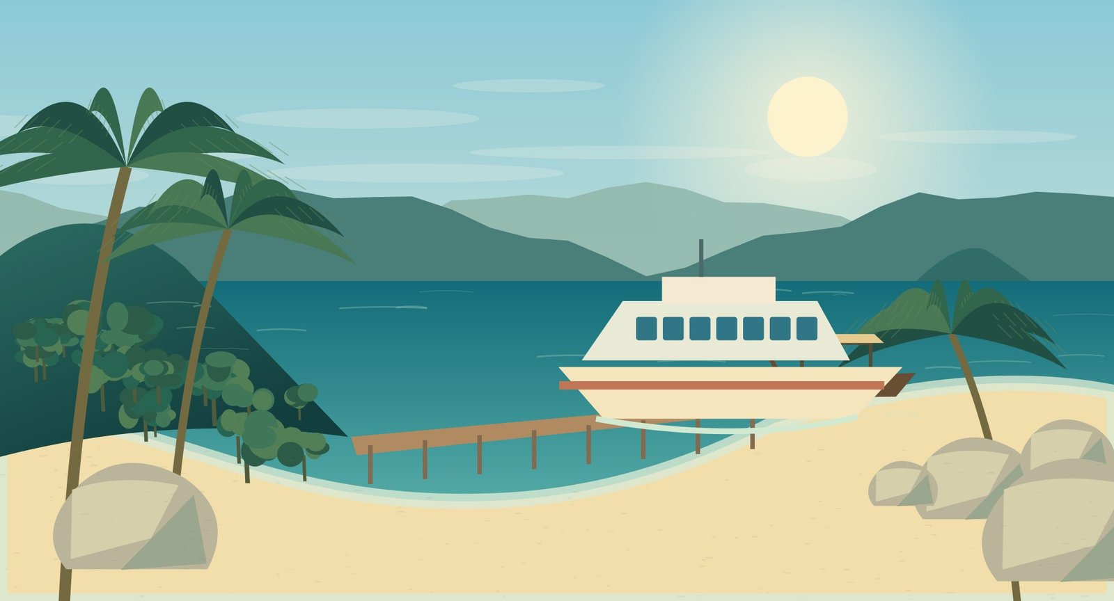 Illustrated passenger-boat harbour with tropical hills at dawn