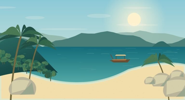 Illustrated Koh Tao-style granite rocks beside a turquoise bay