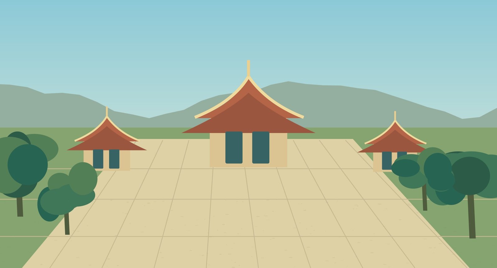 Illustrated northern Thai town courtyard and temple-style rooflines
