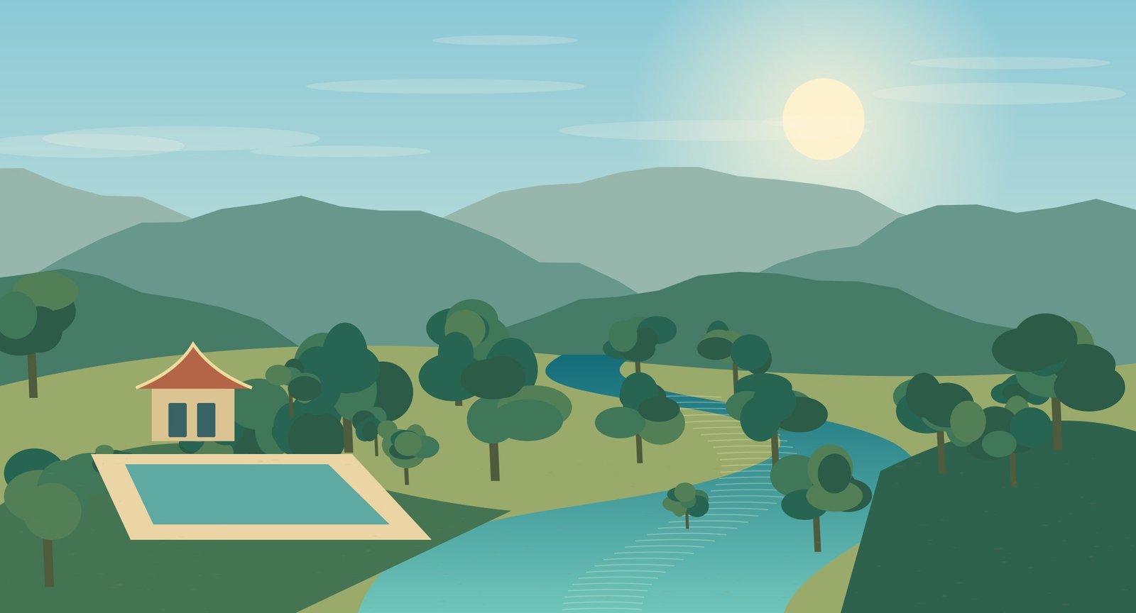Illustrated shaded tropical garden beside a northern river