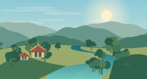 Illustrated northern Thai river with green banks and layered hills