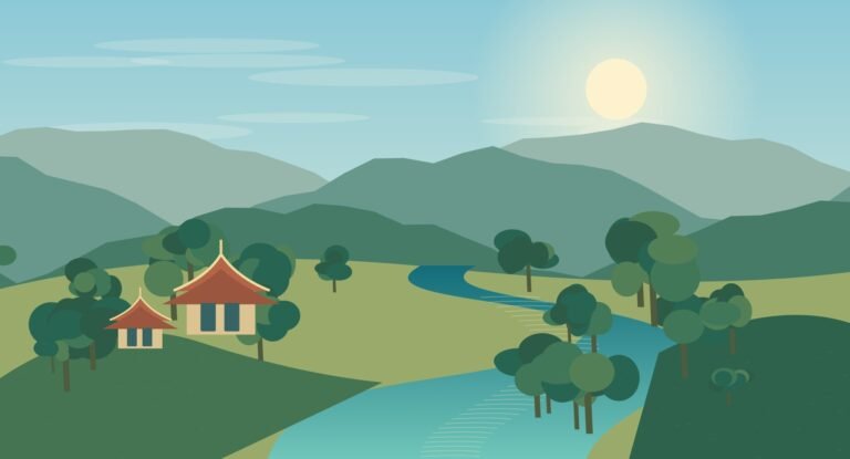 Illustrated northern Thai river with green banks and layered hills